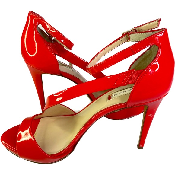 INC Suzi Tangerine Red Patent Leather High Heel Cross Strap Shoes - Picture 5 of 8